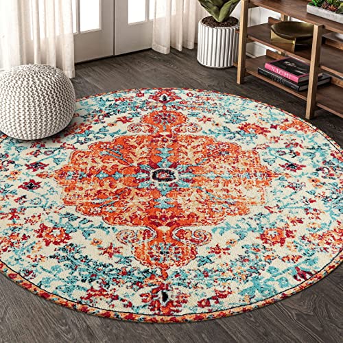 Lahome Alfombra redonda bohemia con medallón floral – Alfombra suave de 4 pies para dormitorio, oriental, envejecida, lavable, para entrada, vestíbulo, alfombra antideslizante para comedor, sala de