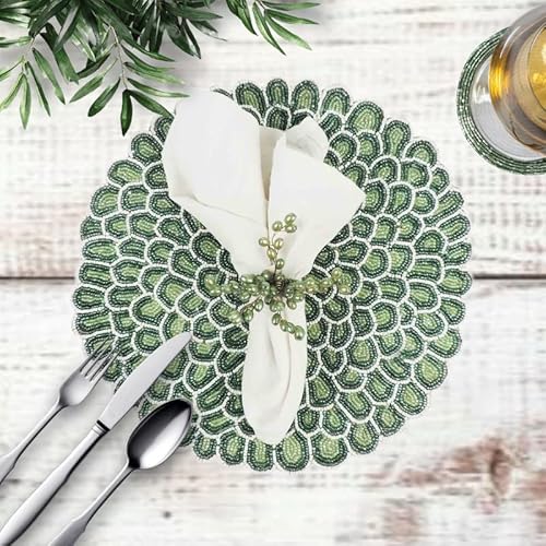 Trunkin' Set Of 2 Dahlia Bead Embroidered Placemats (14 In, Green) | Halloween, Christmas, Thanksgiving Gifting Option #TOP4