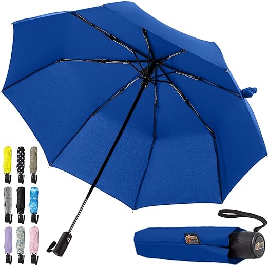 GORILLA GRIP Windproof Compact Stick Umbrella for Rain, One-Click Automatic Open and Close, Strong Reinforced Fiberglass Ribs, Easily Collapsible, Lightweight Portable Umbrellas for Travel, Navy