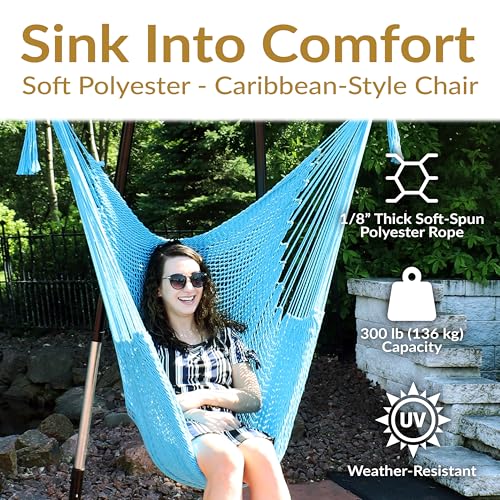Image of Sunnydaze Outdoor Hammock Chair Swing for Reading - Hanging Hammock Swing for Indoor or Patio - 300lb Capacity - Caribbean XL - Sky Blue