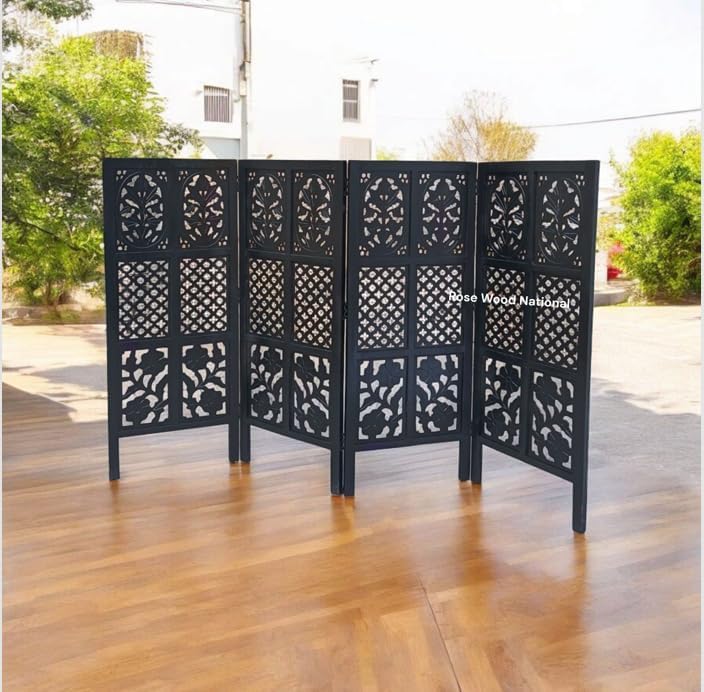 Image of Wooden Room Divider 6 Feet, 4-Panel Folding Wooden Partition for Living Room, Office, Pooja Room, Restaurant, Kitchen & Balcony (2W x 1.82H Meters). (Black Mixed Design)