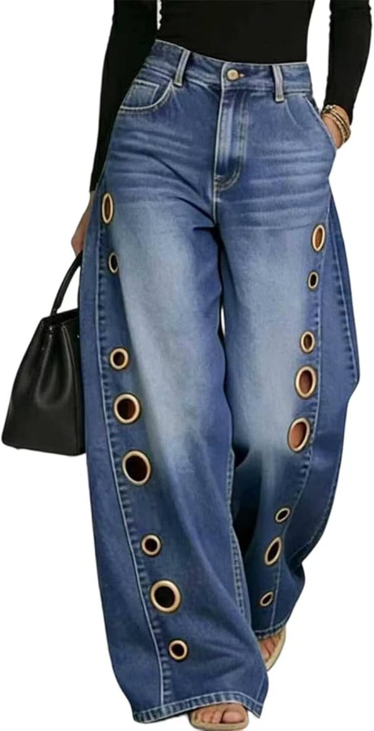 Vakkest Women's Wide Leg Cut Out Jeans High Waisted Eyelet Baggy Loose Stretchy Denim Pants Trendy Hollow Out Trousers