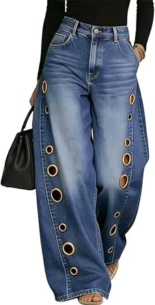 Tbahhir Womens High Waisted Wide Leg Jeans Eyelet Cut Out Y2k Denim Pants