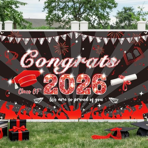 Image of Graduation Decorations, Large Graduation Banner, Red and Black Banner 2026, Congrats Grad Backdrop Sign, Class of 2026 Grad Party Decor for Commencement Indoor Outdoor Yard Wall Door Decor 180*110cm
