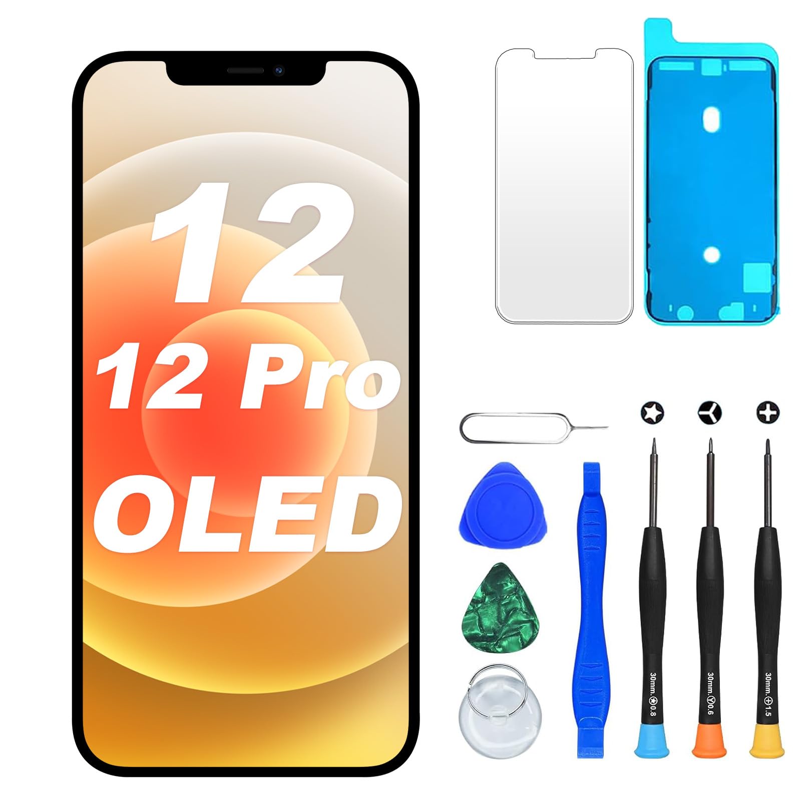 DIGI4U Pantalla OLED para iPhone 12/iPhone 12 Pro de 6,1 pulgadas Truetone Full HD COF Display Digitizer Assembly con herramienta de reparación, protector de pantalla y adhesivo resistente al agua