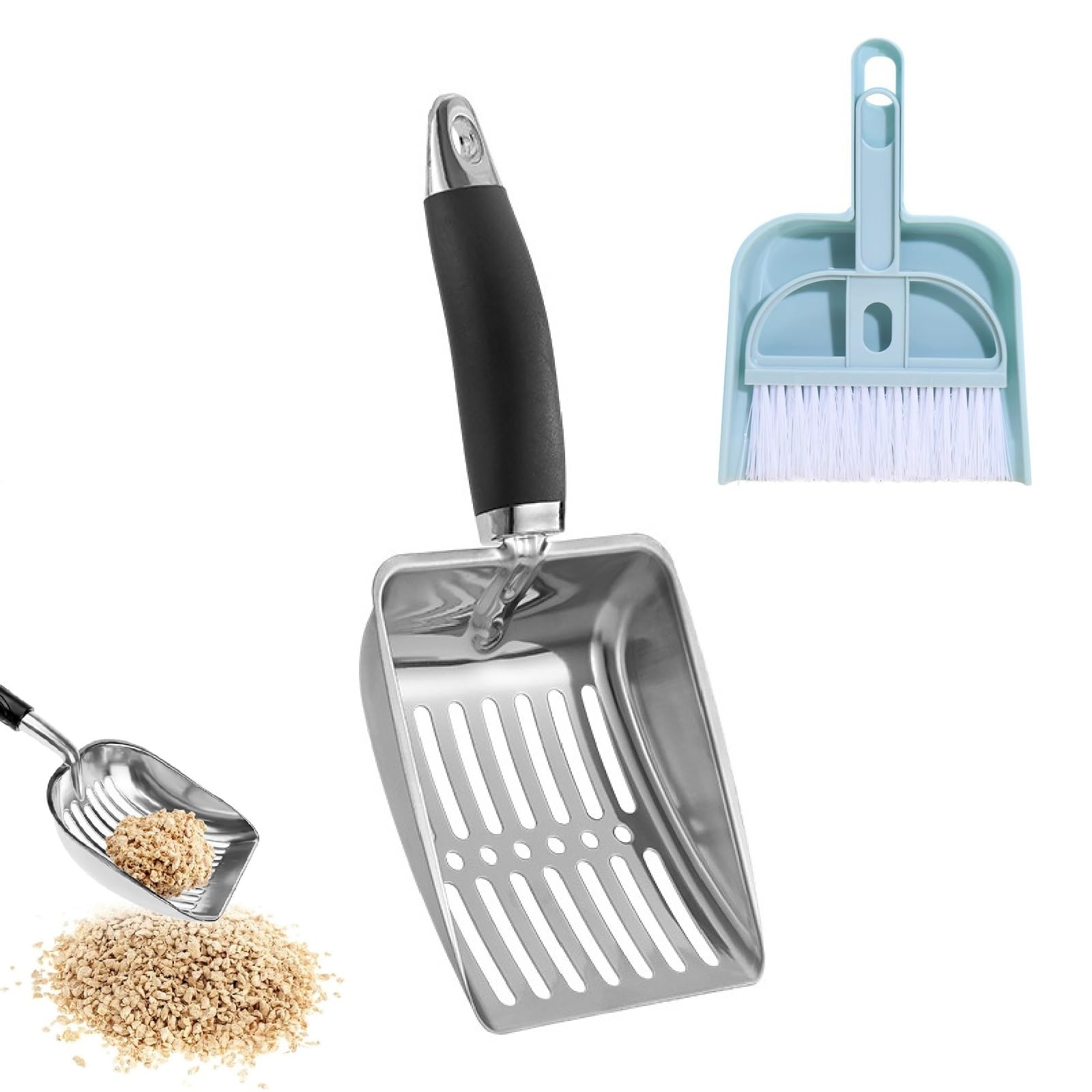 Houkiper Katzenklo Schaufel Set Metall 3-teilig Mit Besen & Behlter   Siebend & Rostfrei