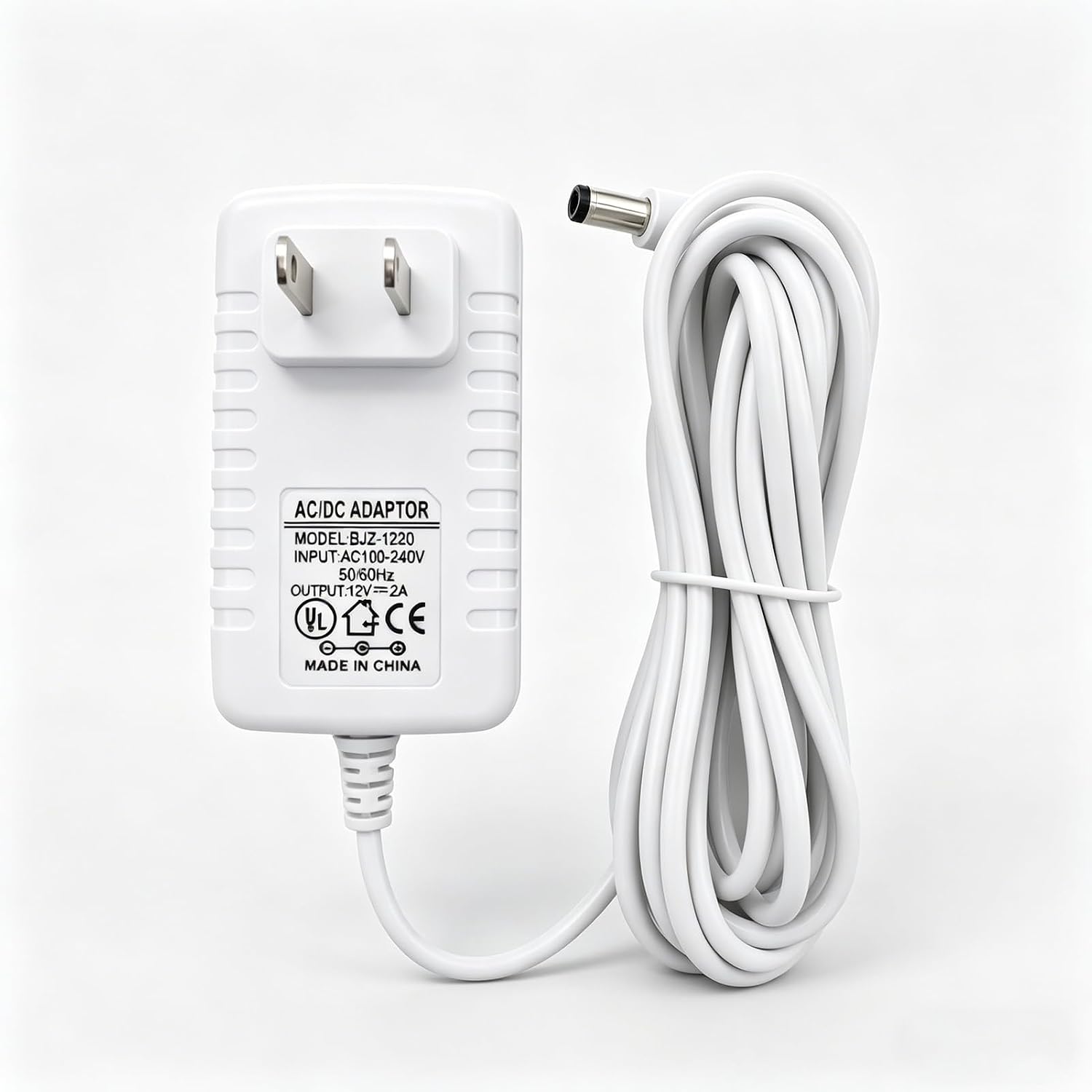White 12V 2A Power Supply, AC/DC Adapter 100-240V 50/60Hz, 5.5mm x 2.5mm / 2.1mm Barrel Plug Center Positive, Charger Cable Cord 10 ft