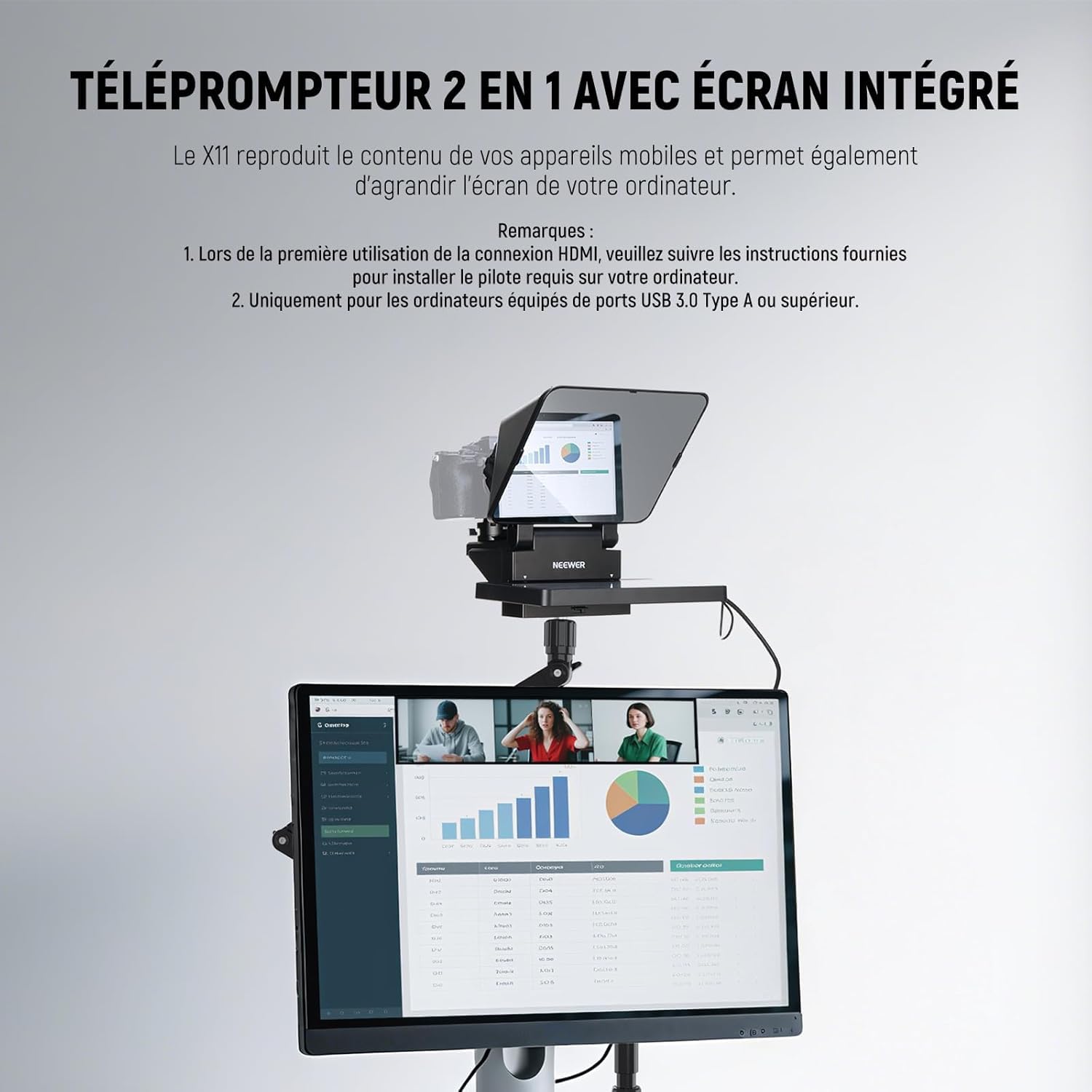 NEEWER 2 en 1 Téléprompteur 11" avec Moniteur, Compatible avec Duplication d'écran,Prompteur Portable pour Caméra,Téléphone,Webcam, Windows et MacOS,Idéal pour Youtube,Twitch et Conférence, X11