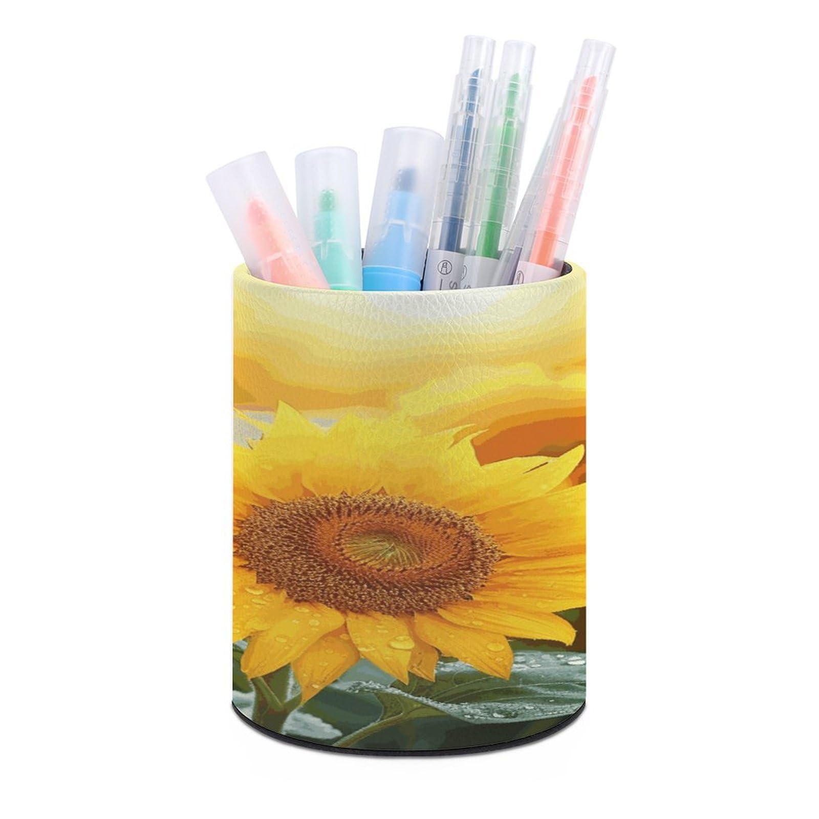 LDGSUPH Sunflower Flowers Round Pen Holder Leather Pen Cup Pencil Cup Pen Organizer Pencil Holder for Desk Organizer Pencil Organizers Makeup Brush Holders for Home Office Gift