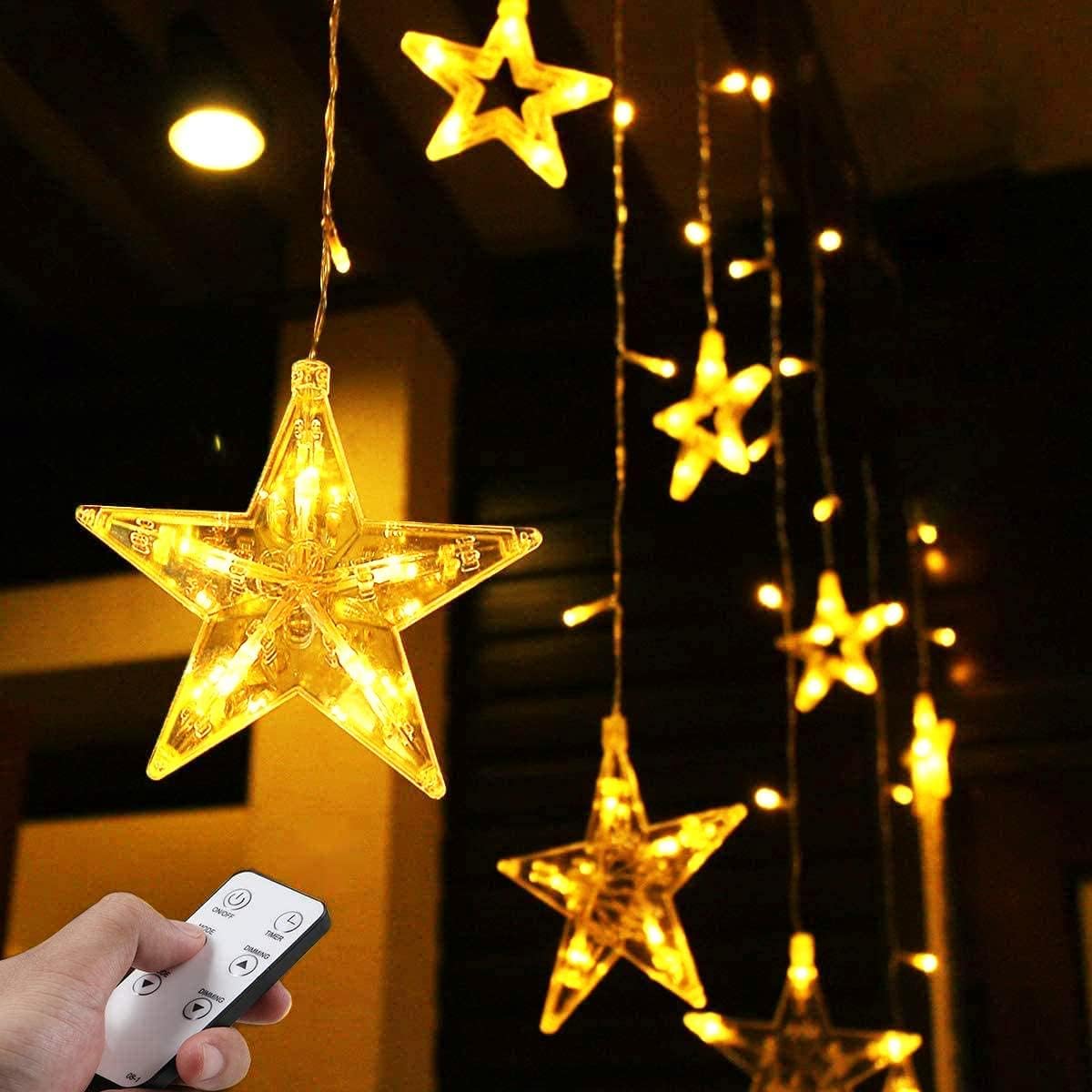 Quntis Star Curtain Lights Mains Powered 2.2m 108 LEDs 12 Star Christmas Window Lights Indoor Warm White Fairy Lights with Remote Control & Timer Xmas Decoration for Home Bedroom Walls Garden Tree [Energy Class F]