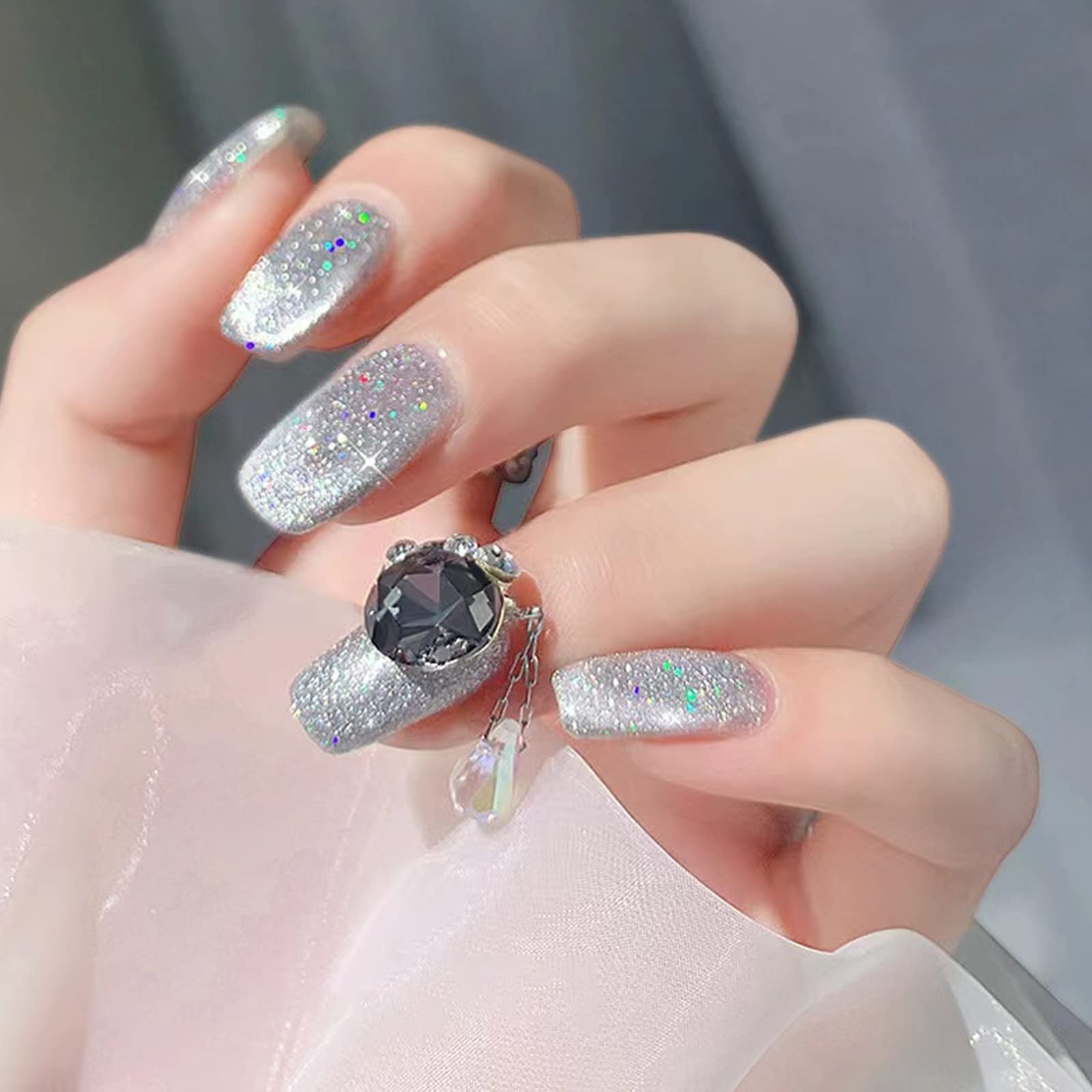 Nitakou Cat Eye Silver Glitter Gel Nail Polish with Magnetic Stick,9D Cateye Sparkle Diamond Magnetic Shiny UV Gel Polish for DIY Nail Art Salon at Home