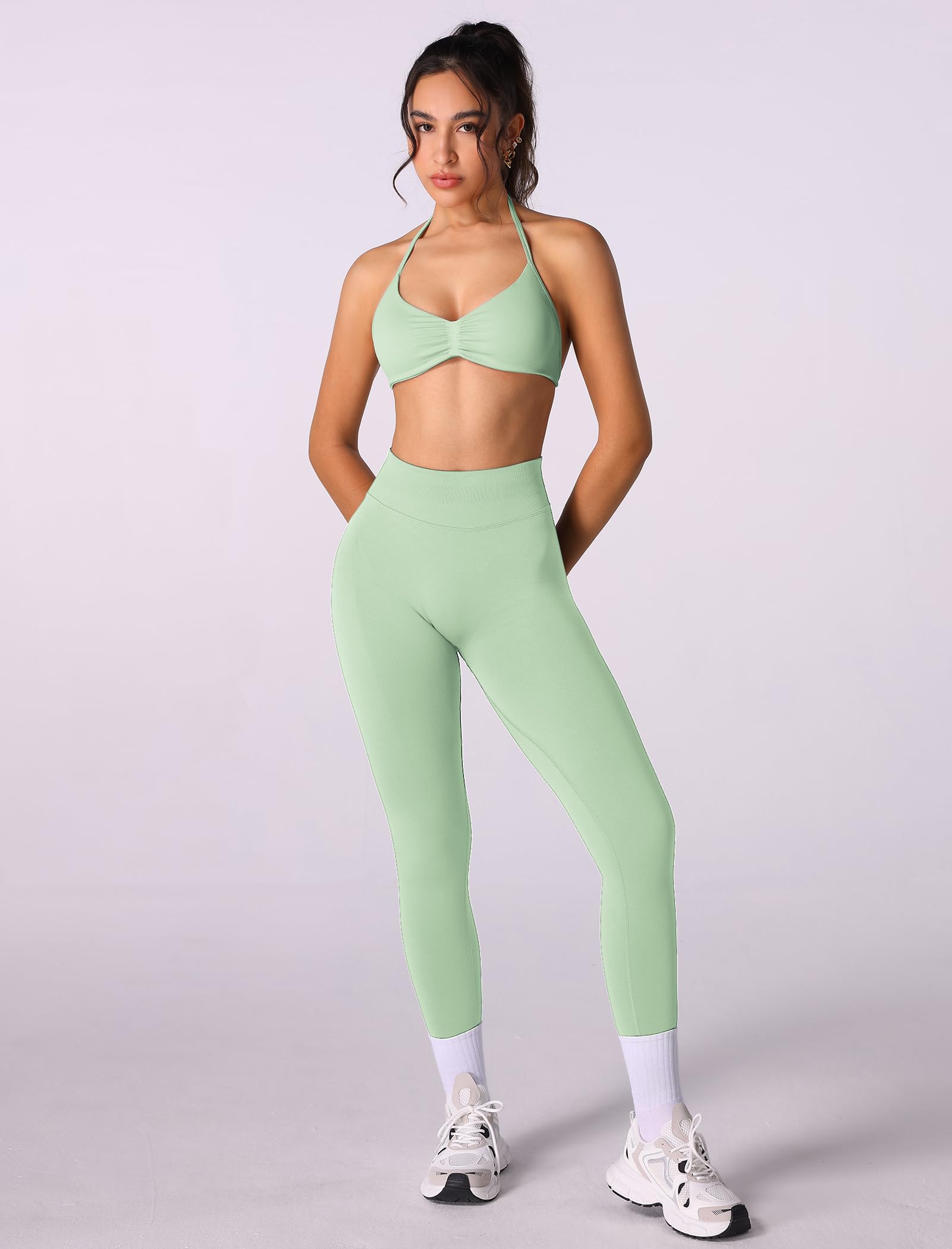 Odizli Ensemble de sport pour femme, dos nu, soutien-gorge dos nu + legging taille haute, ensemble de sport, fitness, gym, yoga