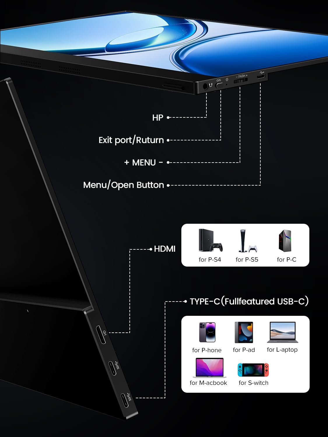 UPERFECT OLED Monitor Portátil 13.3" 4K UHD 3840x2160 UHD | 150%sRGB | 100000:1 Contraste | 500Nit | Diseño Ultraplano de Aluminio, Monitor de Viaje para PC, Portátil, Teléfono y Consola de Videojuego
