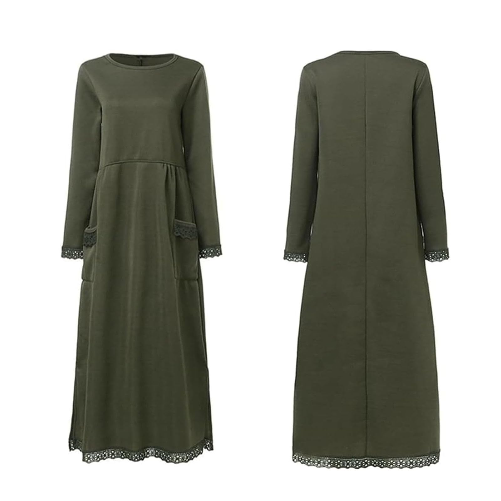 Vestido Largo Holgado de Encaje de Talla Grande, Vestido Largo de Cuello Redondo de Encaje Liso para Mujer, Vestidos Casuales Holgados de otoño