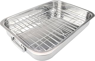 Roasting Pan with Rack Stainless Steel Roaster Pan Tray Rectangular Baking Pan BBQ Bakeware Quarter Sheet with Handles for Baking Cooking (23.5x17.5x5CM)
