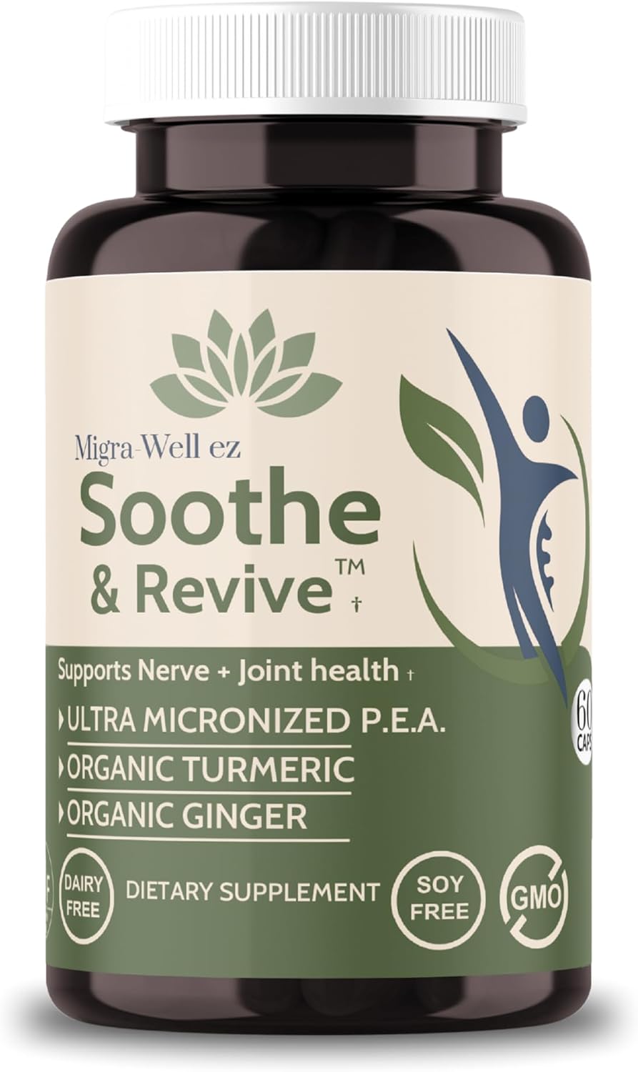 Migra-Well EZ Ultra-Micronized Pea (Palmitoylethanolamide) 600mg with Organic Turmeric & Ginger, Nerve Support and Joint Health Supplement for Men & Women, Non-GMO, Gluten-Free, 60 Capsules
