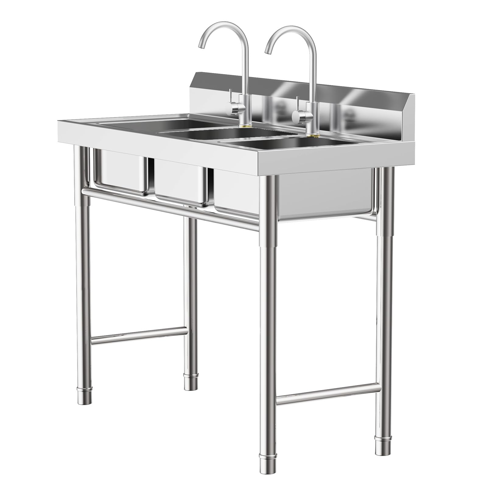 3-Compartment Stainless Steel Utility Sink Free Standing Restaurant Sinks Station with Stainless Steel Drain Spout & PVC Drainage Pipes,Commercial Grade Laundry Tub Culinary Sinks