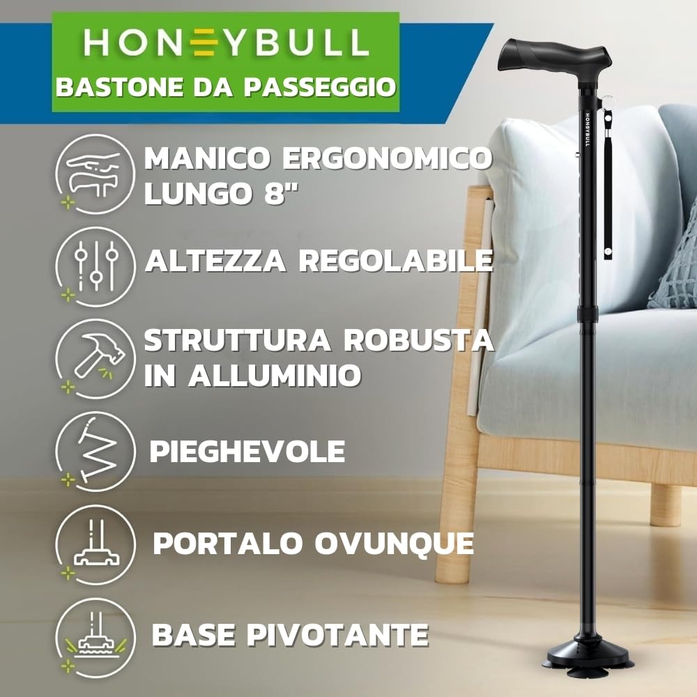 HONEYBULL Bastone da Passeggio Pieghevole per Uomo e Donna, Autoportante con Punta Snodata Antiscivolo, Regolabile e Leggero, Bastone per Anziani e Supporto Equilibrio
