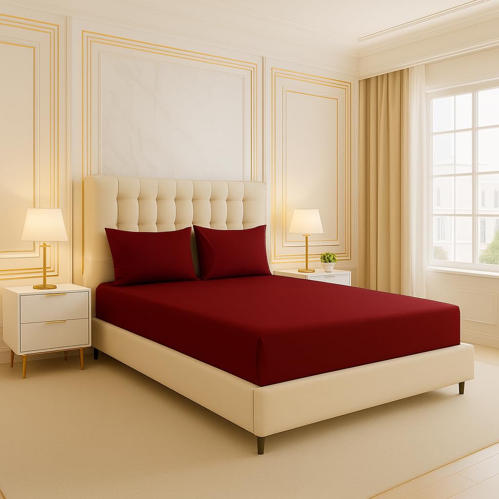 Fitted Sheet Double Bed Premium Quality Elasticated Corner Deep Fitted Sheet 25cm Ease Care, Soft & Comfortable, Fade Resistant Plain Poly cotton Bed Sheets 137 x 193 (Burgundy, Double)