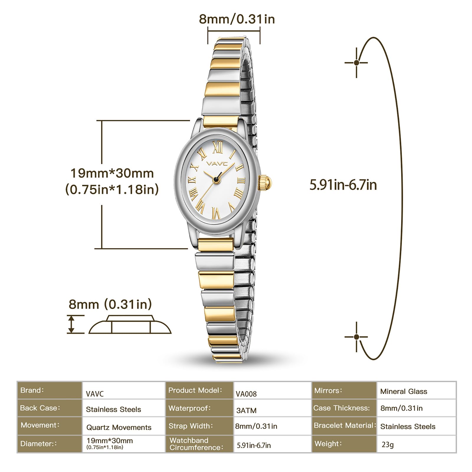 Orologio analogico da donna, con cinturino di espansione in acciaio inossidabile, quadrante romano ovale, resistente all'acqua (15 - 17 cm)