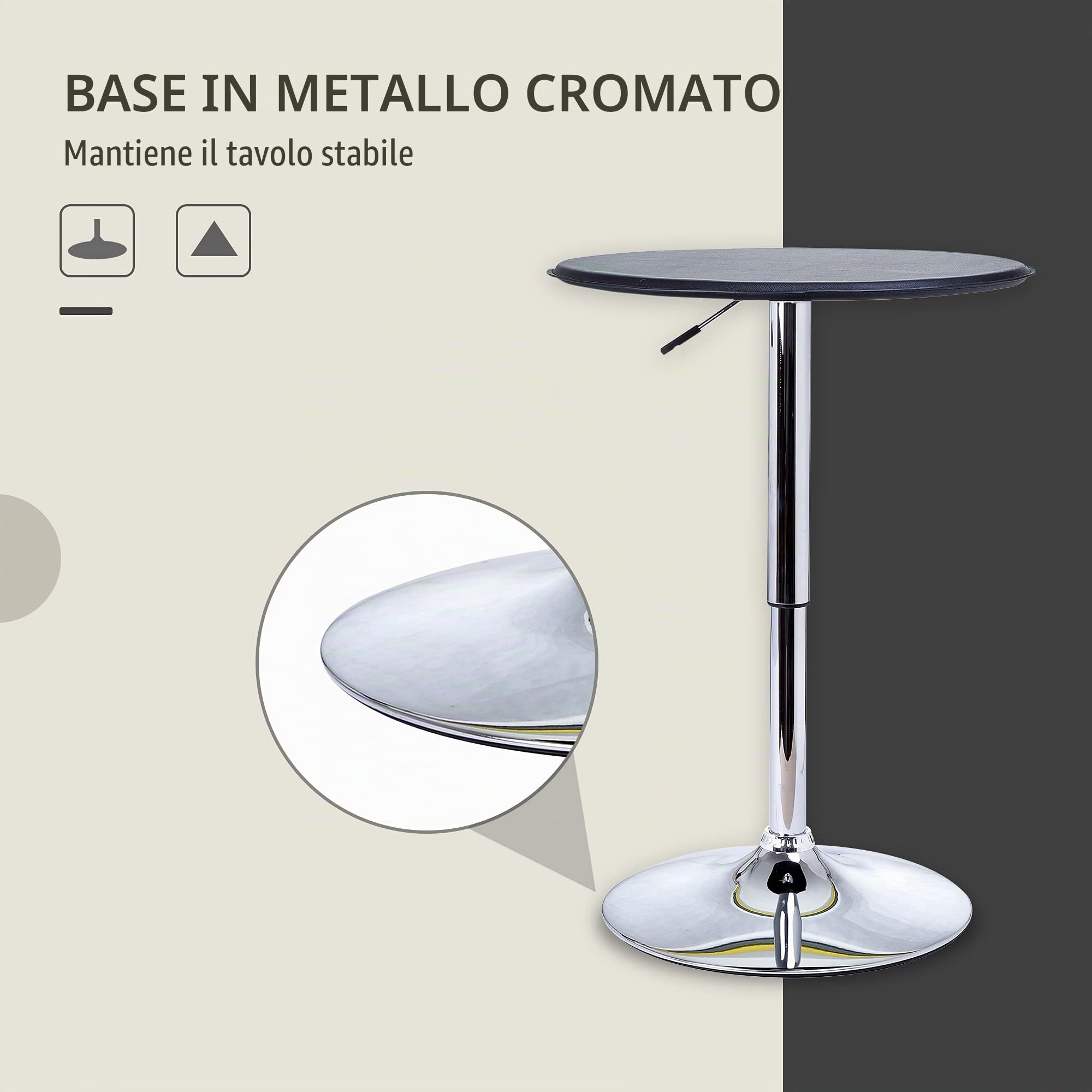 HOMCOM Tavolino da Bar Cromato, Regolabile in Altezza (67-93cm) con Sistema Lift Up, Piano Rotondo (Φ63cm) Girevole 360°