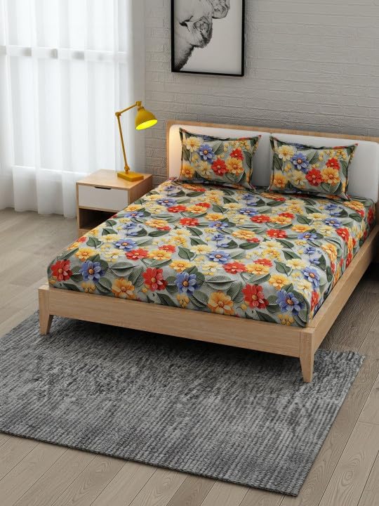 Image of Cotton Feel King Size Flat Bedsheet for Double Bed (90 x 100 Inches | 230 x 250 cm) with 2 Pillow Covers | Soft & Smooth Printed Bedsheet for Daily Use (GreenMulti 7D, King Bed-90x100)
