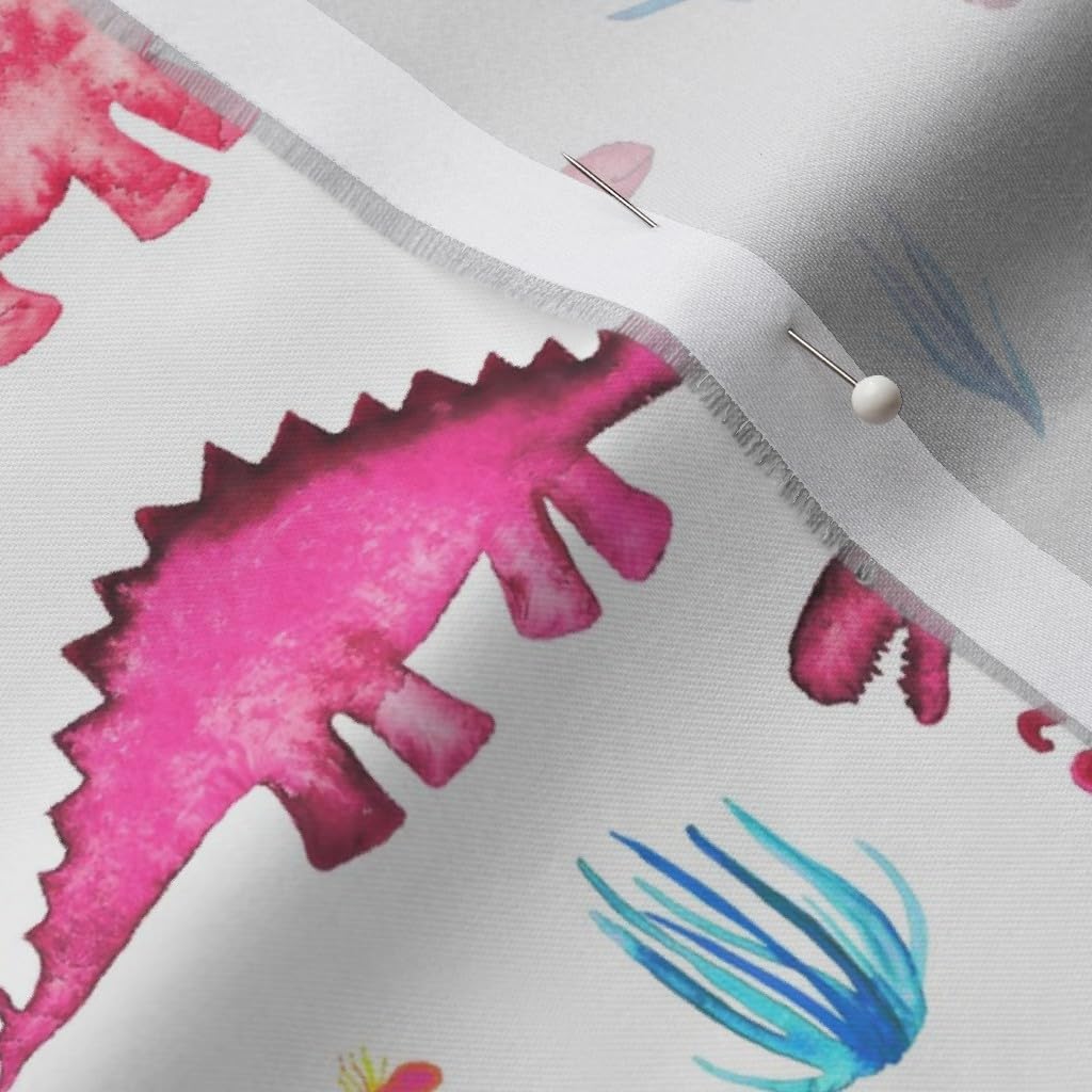 Spoonflower Fabric - Tiny Dinos Magenta Coral White Large Print Watercolor Dinosaurs Girl Printed on Organic Cotton Sateen Fabric by The Yard - Sewing Quilting Apparel Home Decor