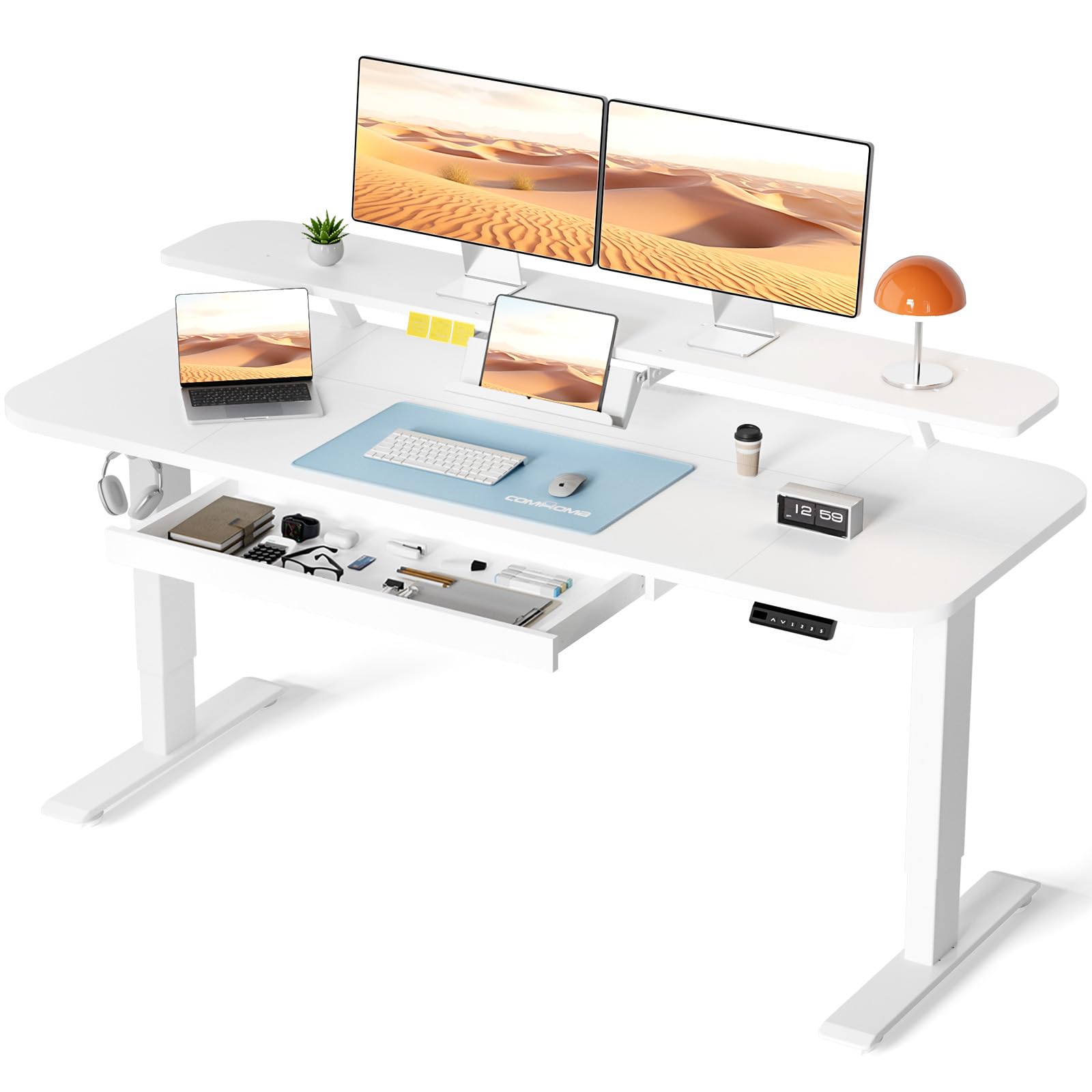 COMHOMA Höhenverstellbarer Schreibtisch Elektrischer, 120x60cm, mit Schubladen, Monitorständer, Tablet-Ständer, mit 3 höhen Memory-Steuerung, Weiß