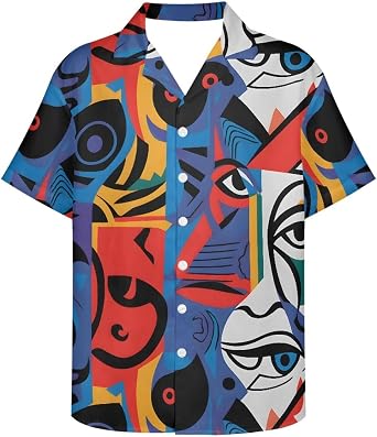 GLUDEAR Men Regular Fit Short Sleeve Pablo Picasso Print Button Down Summer Tropical Aloha Shirts 2XS-5XL