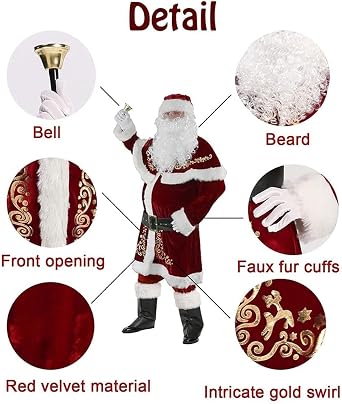 Men's Santa Suit 12pcs Set Red Deluxe Velvet Adult Santa Claus Costume for Christmas Party Cosplay (Color : Red, Size : L)