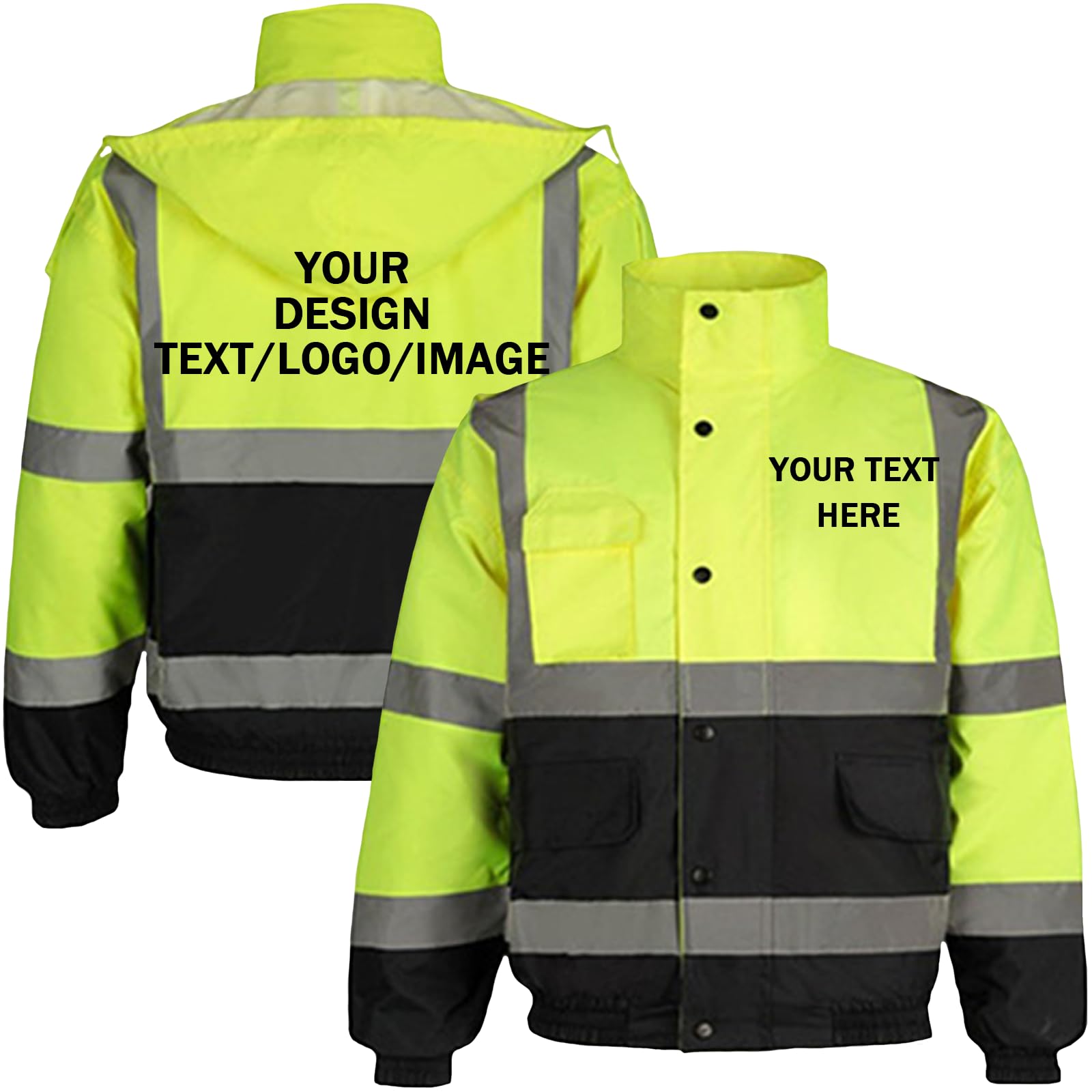 Chaqueta bomber personalizada de alta visibilidad para hombre, logotipo personalizado, foto/texto, chaqueta impermeable de alta visibilidad, con capucha, acolchada, para el trabajo