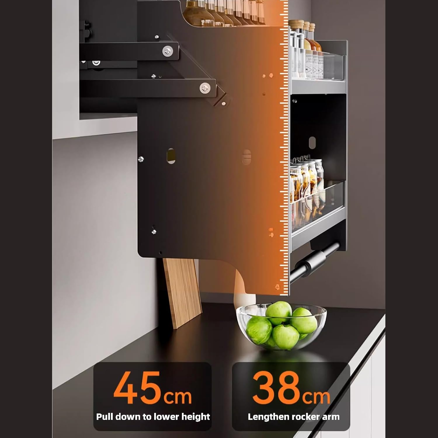 Space-Saving Pull Down Kitchen Cabinet Shelving System - Adjustable 450mm Upper Organizer Shelf for Easy Access in Kitchen & Cafe - Maximize Storage Efficiency