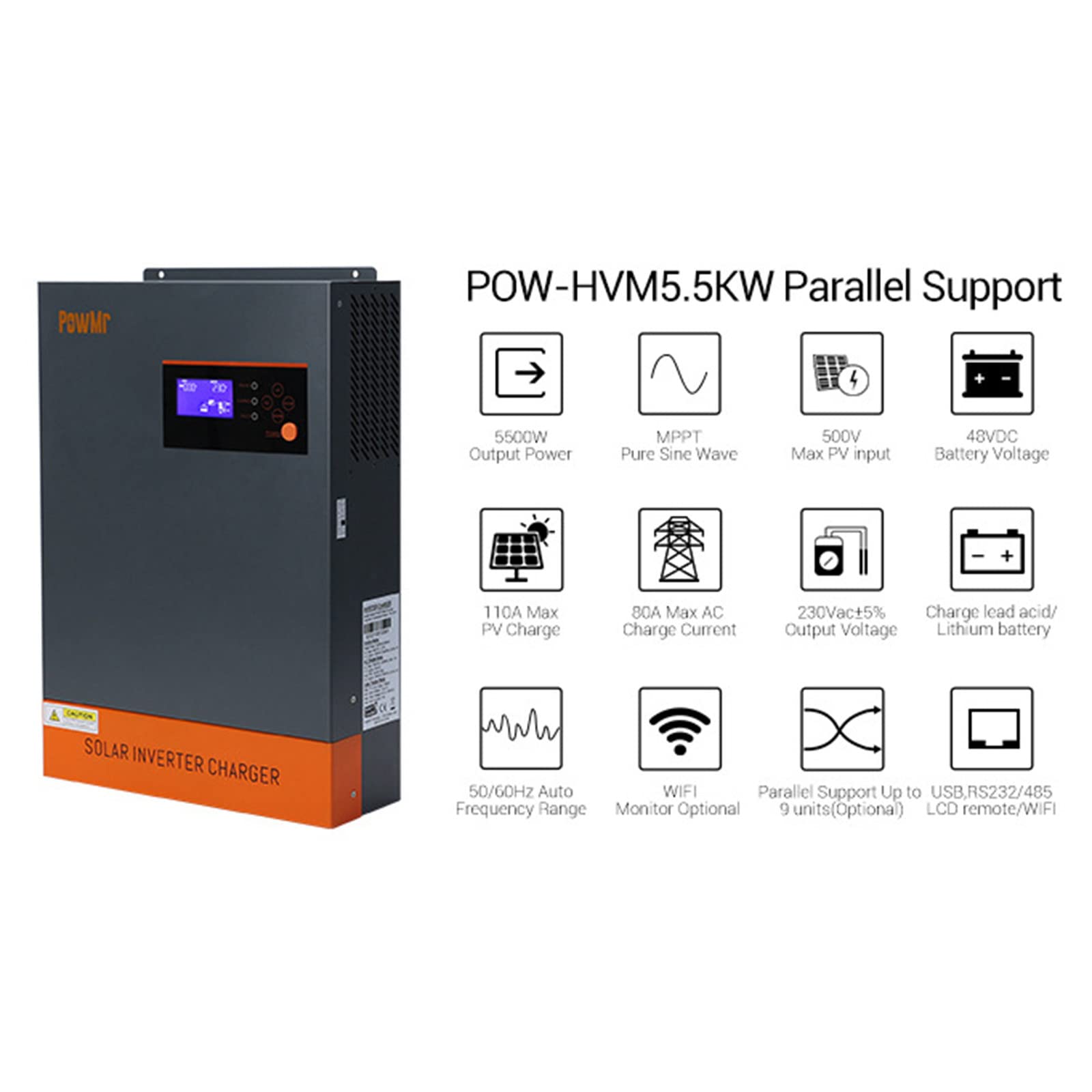 5500W Inverter Solare Ibrido 230VAC Inverter a Onda Sinusoidale Pura Inverter Pura off-Grid con Caricatore Solare MPPT da 80A+Caricatore AC,Batteria al Piombo/Acido da 48V