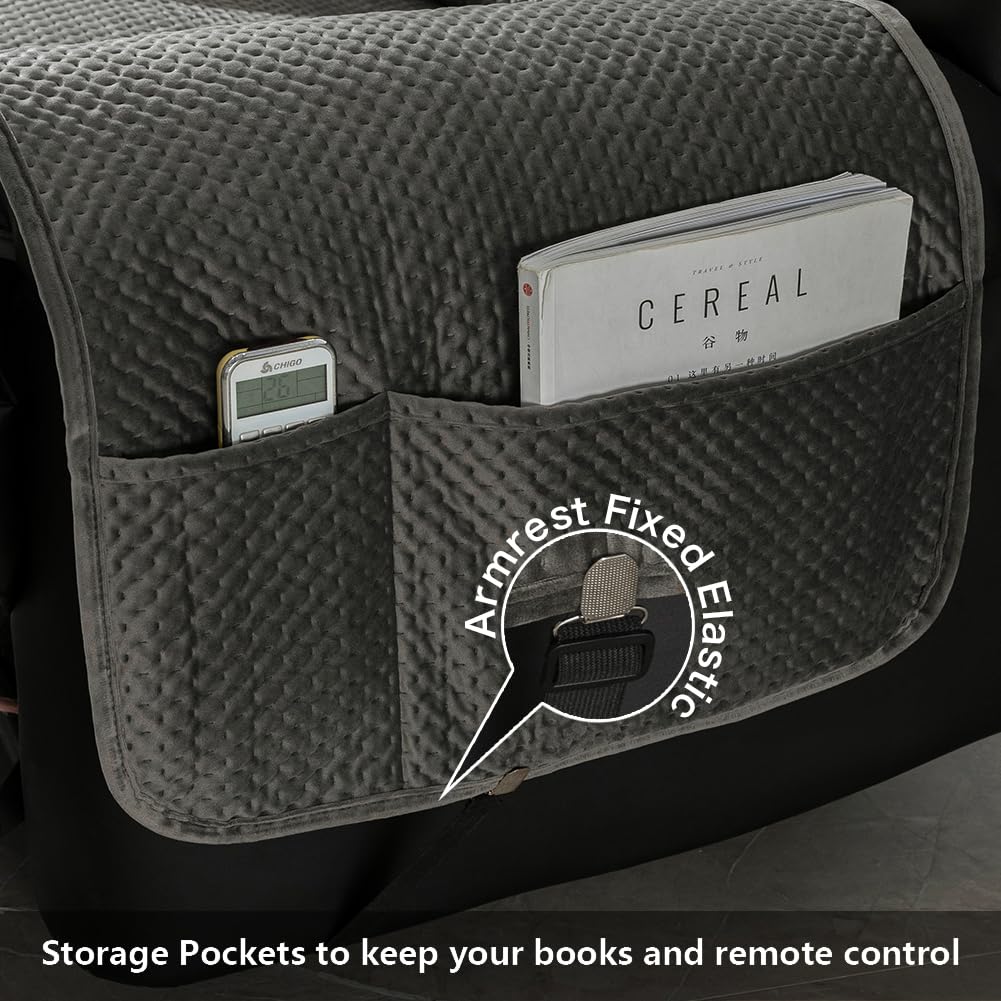 STONECREST Recliner Chair Cover, Water Resistant Velvet Quilted Slipcover, Stay in Place (Dark Grey/Grey, Recliner 23