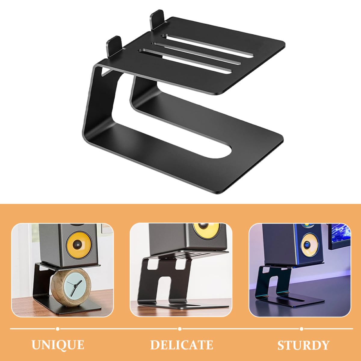 Veemoon Soporte Metálico para Altavoz de Escritorio Elevador Profesional Antivibración Diseño Artístico Calado Soporte para Altavoz Portátil Compatible Adecuado para Mejorar Sonido en