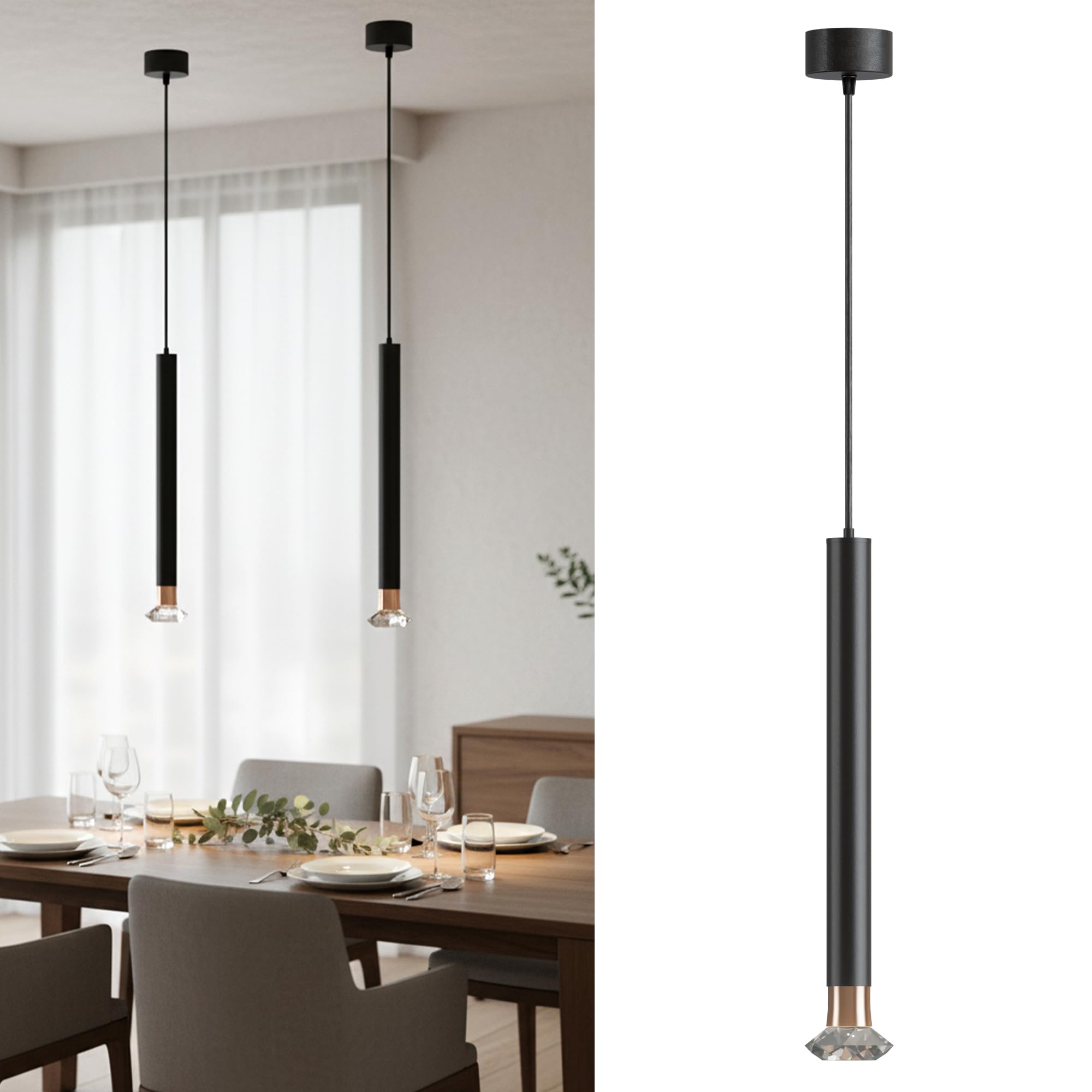 LEDSone 2 Pack Modern Black Cylinder Pendant Lights 20cm Tube Design, Adjustable 95cm Hanging Ceiling Lights with Crystal E14 Bulbs, Aluminum Finish for Kitchen Island, Dining Room, Bedroom