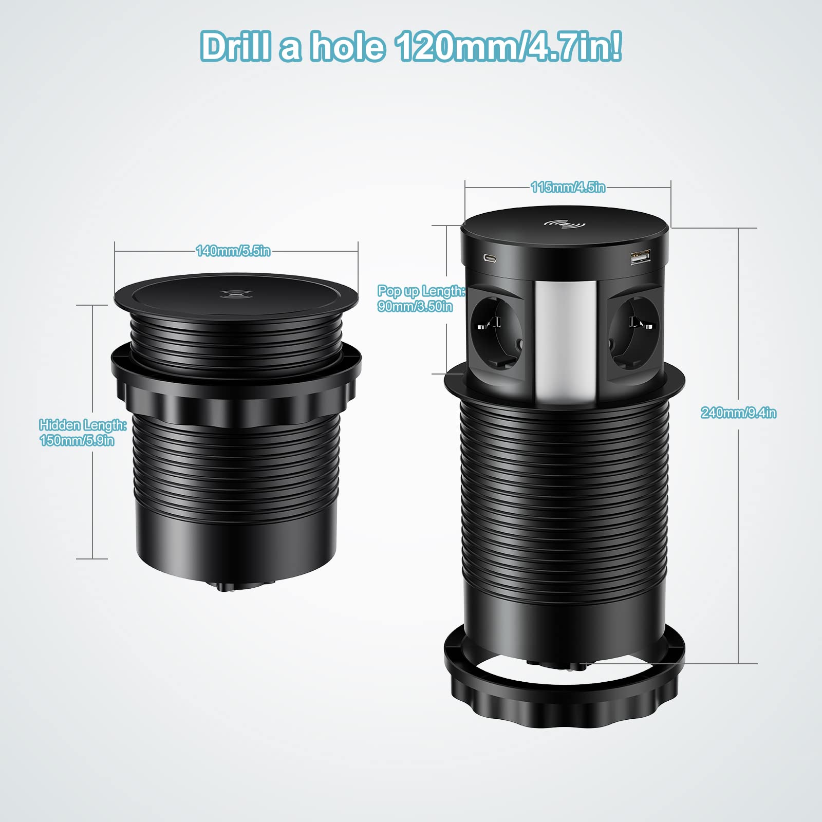 Multipresa a Scomparsa, Ciabatta Multipresa da Scrivania 4 Prese e 2 USB C con 2 USB A, Protezione contro le Sovratensioni Ciabatta con Caricatore Wireless per Viaggi in Ufficio 3680W/16A
