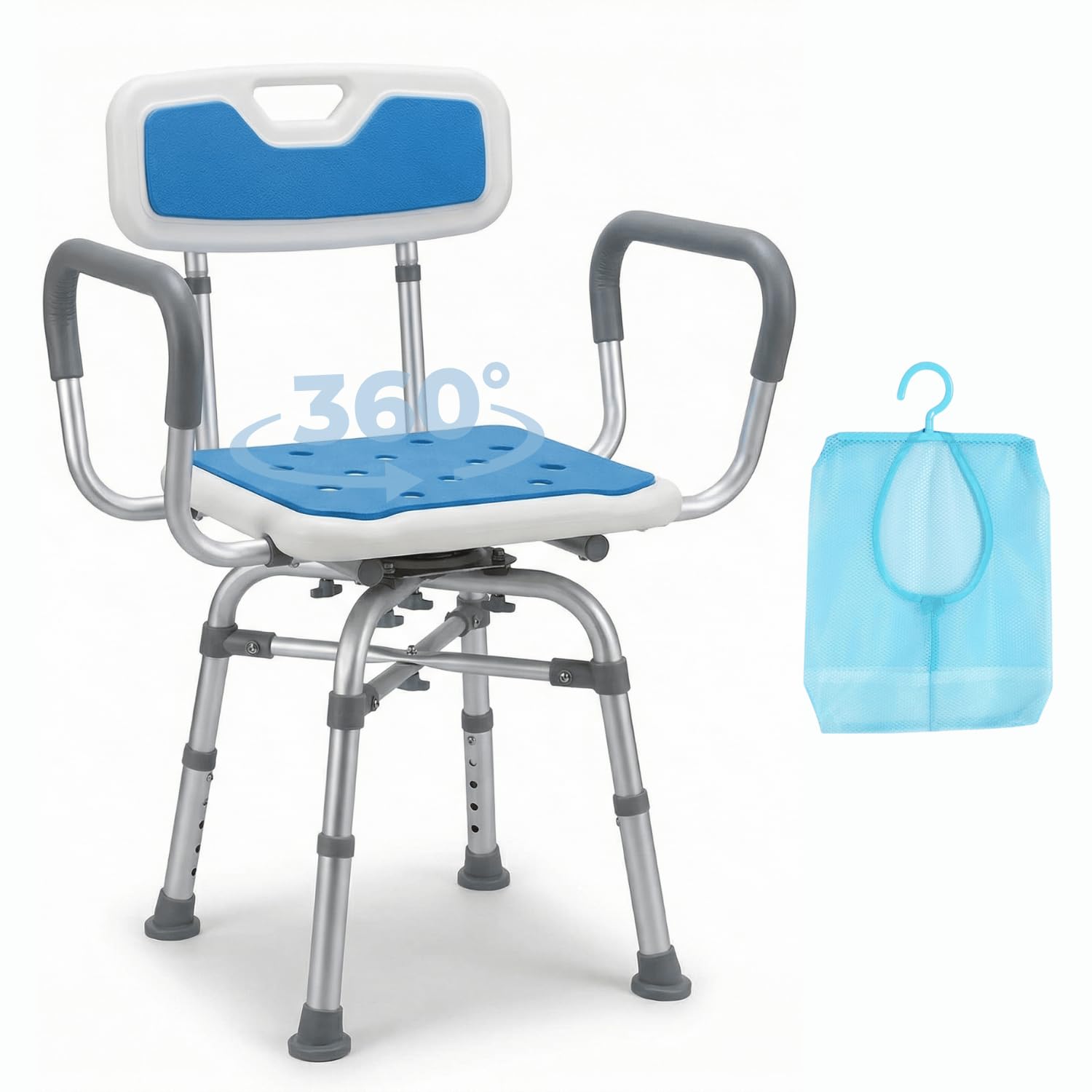 Jesosia Swivel Shower Chair for Elderly and Disabled - Heavy Duty 500 lbs Shower Chair with Arms & Back for Inside Shower - 360° Rotating, Height