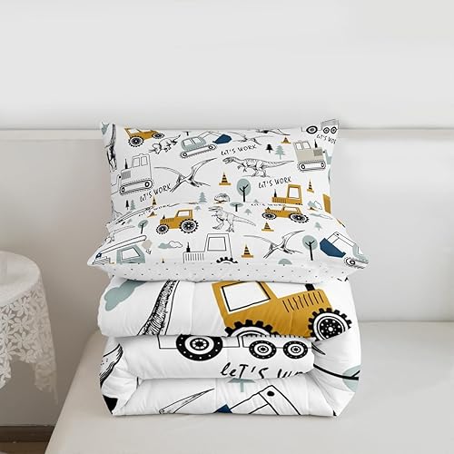 Miniatura 3 de Feelyou Juego de edredón de construcción, tamaño individual, para niños, con dibujos animados, excavadora, tractor, equipo de edredón, camiones,