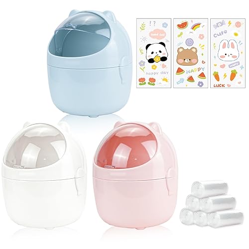 Miniatura 8 de SHAIDOJIO Paquete de 3 bonitos botes de basura de escritorio con 180 bolsas de basura, creativo bote de basura pequeño con tapa abatible, pequeña