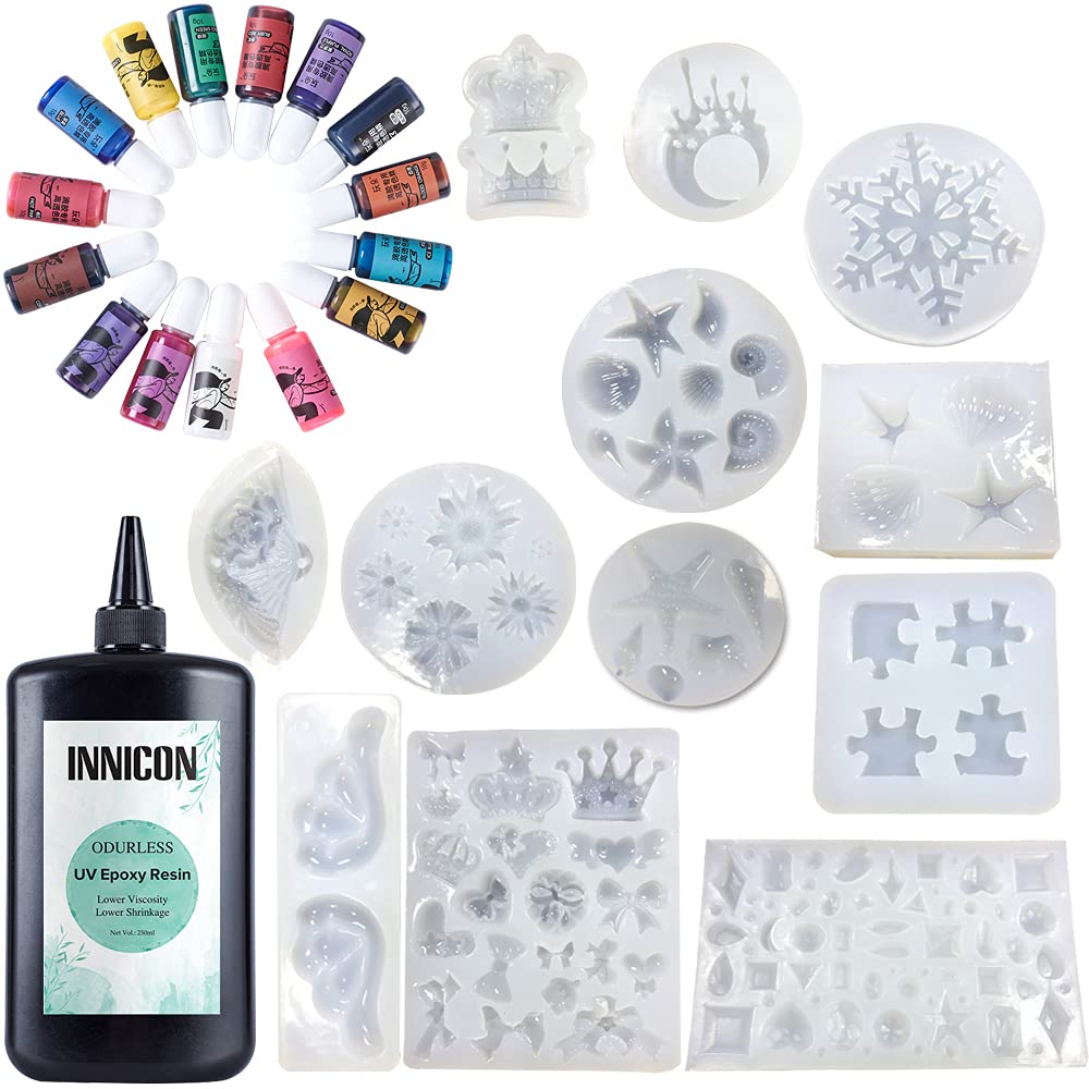 Inodore 250 g UV resina epossidica, 15 colori pigmento 12 X silicone trasparente senza miscelazione, asciugatura rapida per gioielli fatti a mano, ciondoli fai da te, ciondoli, collane, orecchini