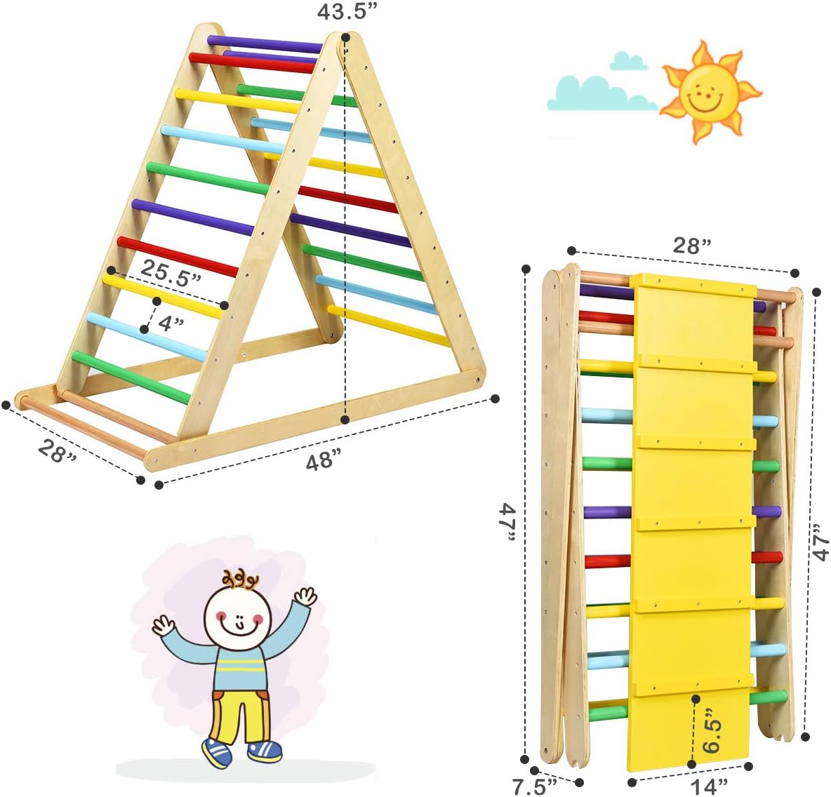HONEY JOY Triangle Climber with Ramp, 2-in-1 Indoor Toddler Climbing Triangle Set with Ladder & Slide, Foldable Wooden Kids Climbing Toys for Playground, Gym & Daycare, Gift for Boys Girls (Colorful)
