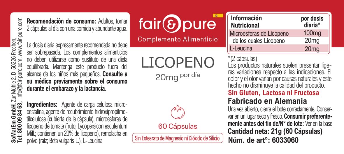 Fair & Pure Lycopène 20 mg, 60 gélules, caroténoïde issu d'extrait de tomate, complément alimentaire végétalien sans additifs, fabriqué en Allemagne