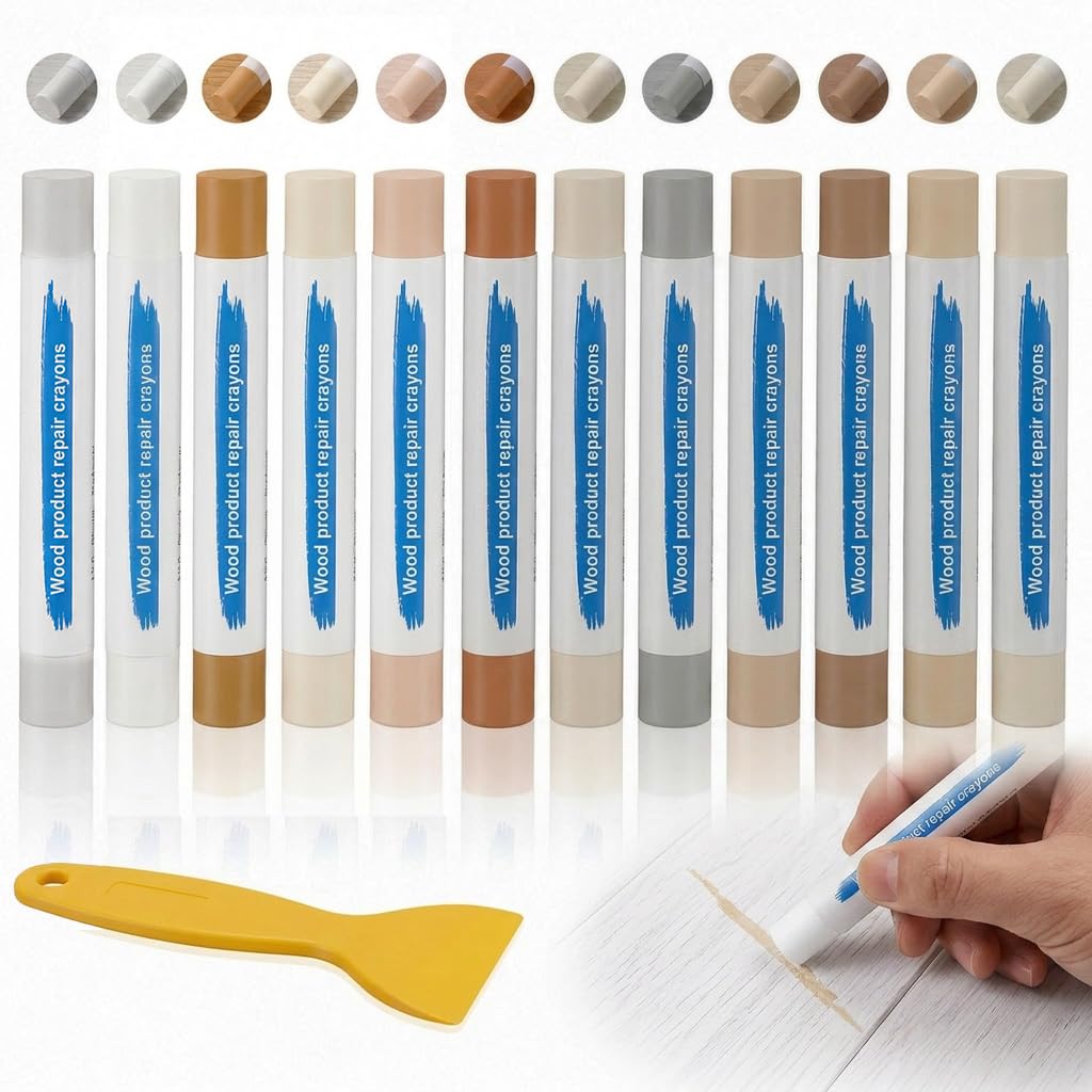 Wax Filler Wood Repair Sticks, Wax Sticks for Wood Repair, Laminate Floor Repairs Kit, Soft Repairs Crayons for Wooden Furniture Laminate Floor Table Door Scratches Holes (Light Shades Series-12PCS)