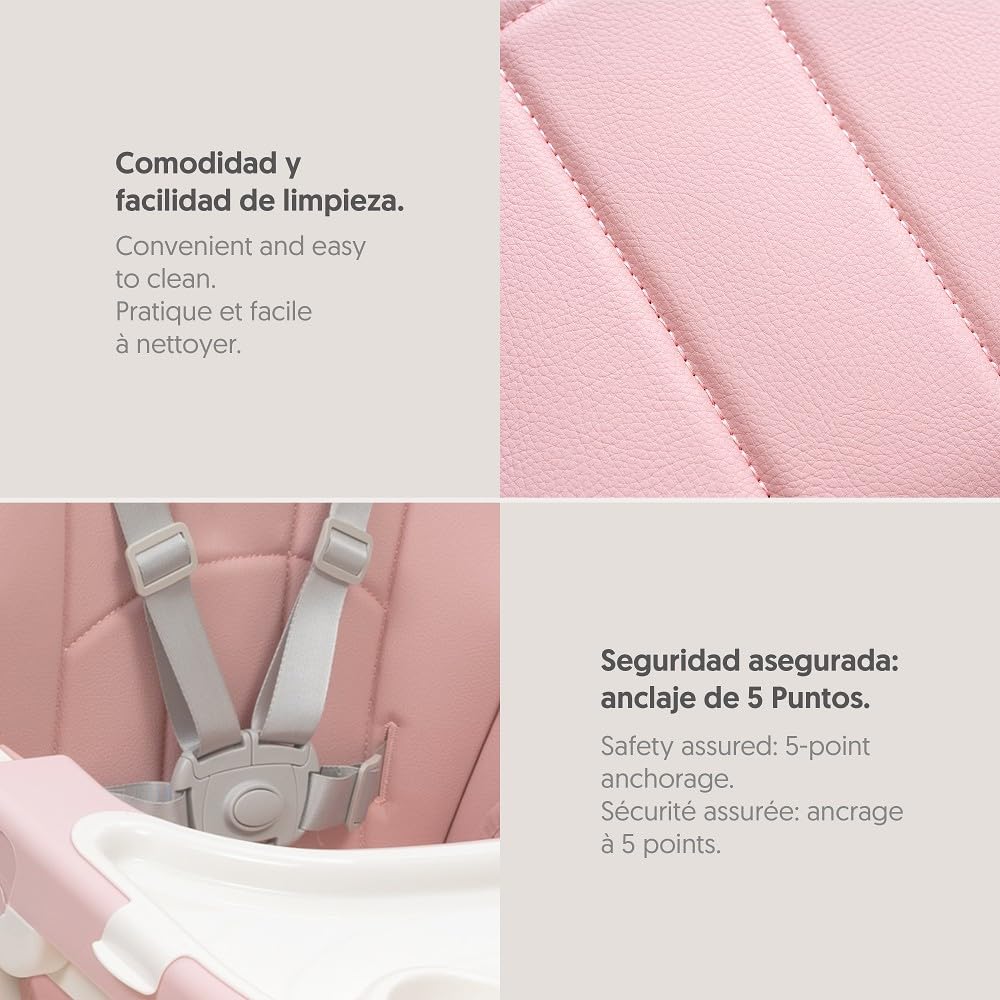 Interbaby Trona Bebé Evolutiva Plegable 6-36 Meses Aluminio (Practic Rosa) | Hasta 20 kg. Silla de comer portátil, respaldo 4 posiciones, 8 alturas, bandeja regulable, arnés 5 puntos, plegado compacto