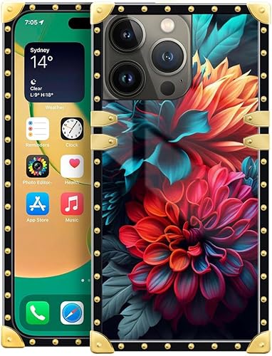 DAIZAG Funda compatible con iPhone 15 Pro Max, flores brillantes para niñas y mujeres, decoración cuadrada de esquina de metal, TPU suave, a prueba