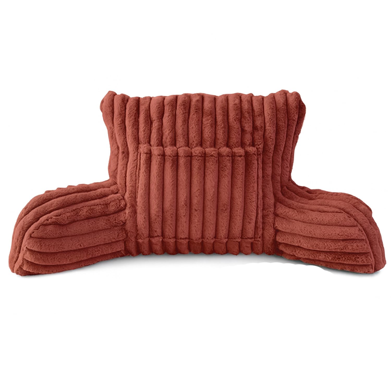 Brillars Reading Pillow For Adults with Arms - Faux Fur Ribbed Fleece Cuddle Cushion Pocket 38cm Cozy Lumbar Neck Support For Backrest | Sitting Up In Bed Sofas Chair (Rust)