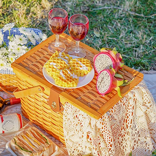 Picnic Basket Set for 4 Person, Handmade Woodchip Basket with Double Handles & Lid, Cutlery Service Kit, Best Gift for Couple, Valentine\'s Day,Christmas, Birthday, Wedding, Outdoor, Camping. - Thumbnail 7