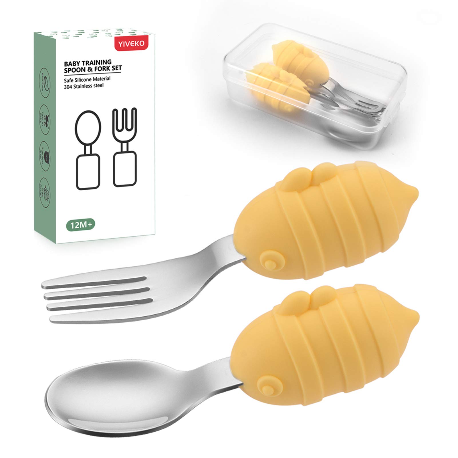 Baby Fork and Spoon Set with Carry Case Baby Training Utensils Self Feeding Toddler Silverware Silicone and Stainless Steel Kids and Toddler Utensil Set-Bees
