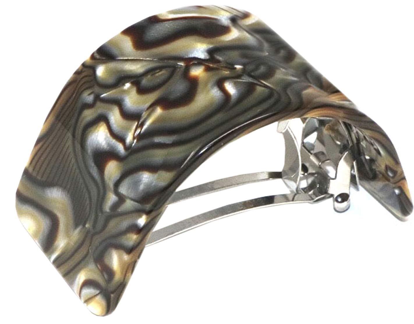 French Amie Half Circle Onyx Silver Grey Handmade Celluloid Acetate Automatic Strong Grip Pony Wide Hair Clip Barrette